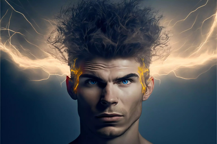 a man with electricity zapping out of his head